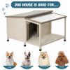 Outdoor fir wood dog house with an open roof ideal for small to medium dogs. Dog house with large terrace with clear roof.Weatherproof asphalt roof an